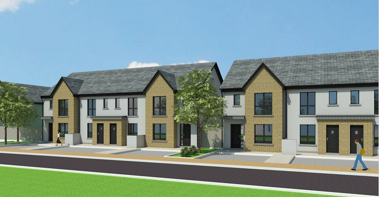 A computer rendered view of 3 houses in Waters Edge, Carrigaline which are available as part of the Cork County Council Affordable Housing Scheme.