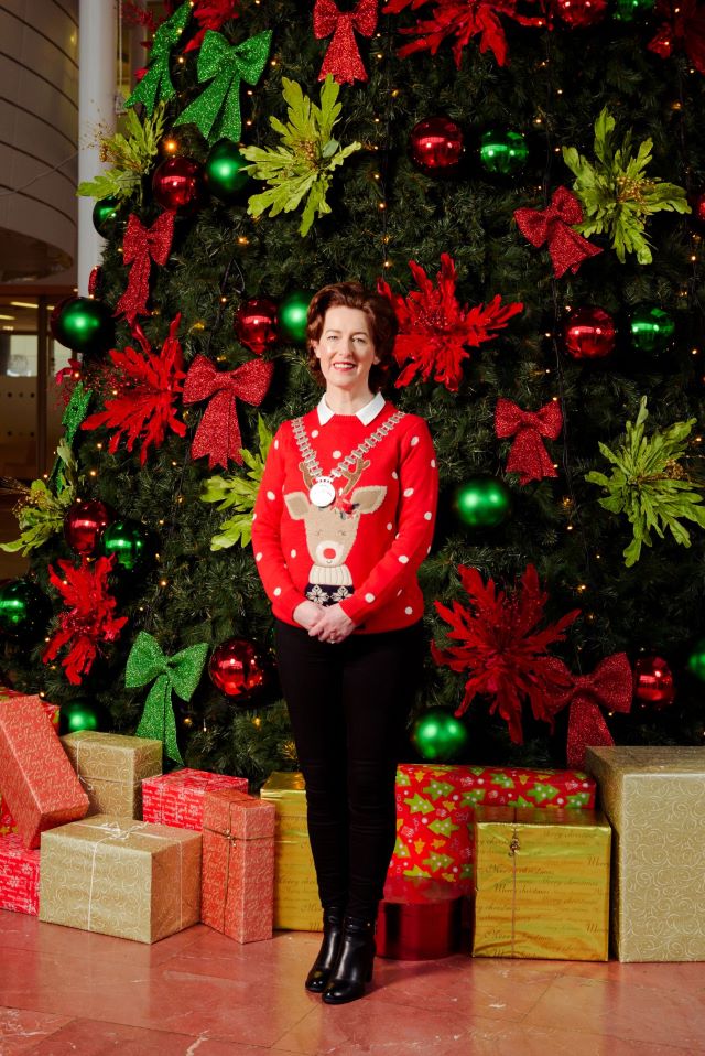 The Mayor of the county of cork councillor gillian coughlan beside a large christmas tree in Cork Couty Hall