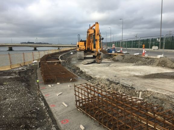 A construction machine working on a road