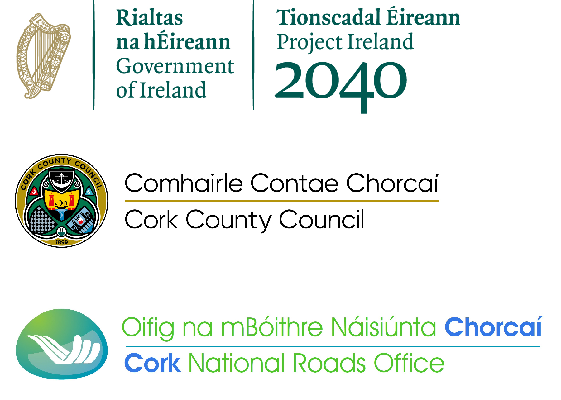 Project Ireland 2040 Logo - Cork County Council Logo - Cork National Roads Office Logo