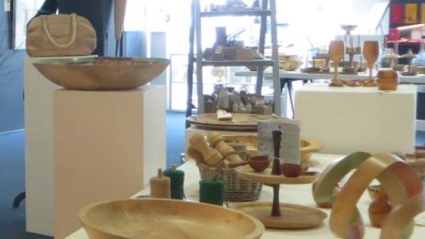 Gallery showing an exhibition from Blackwater Valley Makers, wood carvings, ceramics.