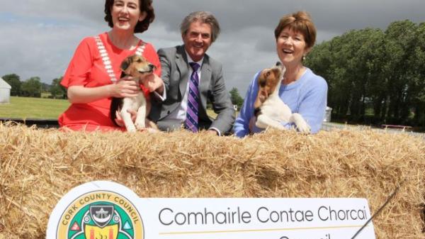 Mayor with Robert Harkin and a Director of Service from Cork County Council standing at a hay bale.