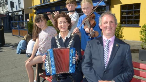 Pictured at the launch of the Cork County Council Special Music Event Scheme in Kinsale that shall see free music events in the Bandon Kinsale municipal districts and West Cork throughout the summer were members of Comhaltas Lily Mae Jones, Daniel Power and Áine Ní Chearnaigh with Mayor of the County of Cork Gillian Coughlan and Councillor John O'Sullivan Chair of the Bandon/Kinsale Municipal District