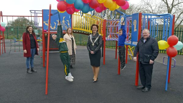 Pictured at the launch of the newly refurbished playground in Macroom are Mayor of the County of Cork Cllr. Gillian Coughlan with local schoolboys Dylan and Eoghan Kelly and Councillors Gobnait Moynihan, Eileen Lynch and Ted Lucey. 