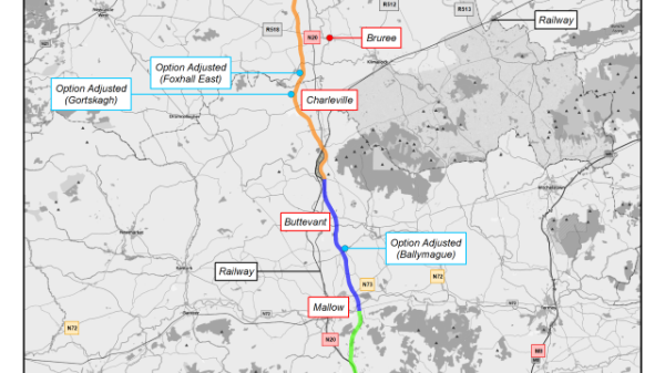 Map of preffered option - North from Blarney, bypassing Mallow, Buttevant, Charleville, Bruree, passing proximate to Croom and Adare and joining the N21 at Patrickswell.