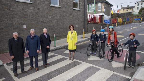 The first Safe School Zone for County Cork has been officially launched at Scoil Phádraig Naofa in Bandon by Mayor of the County of Cork, Cllr. Gillian Coughlan and Minister of State at the Department of Transport, Hildegarde Naughton TD. The new features, including eye-catching traffic calming measures, are designed to encourage an increase in the number of pupils walking, cycling and scooting to school. Pictured are 4th class students Zain Abdul Qayoomc, Elliot Bolster, Kai Butt, Jack Tobin and