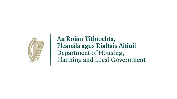 Department of Housing, Local Government and Heritage Logo containing a harp and Text
