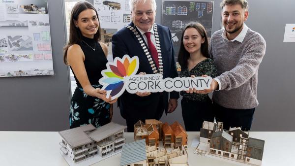 The Mayor of the County of Cork, Cllr Frank O'Flynn, and winners, Amy Cotter, 1st, Kamil Labuda, 2nd, and Ellie O'Connell, 3rd, at Cork County Hall for the award ceremony of the Cork County Age Friendly Architecture Competition.