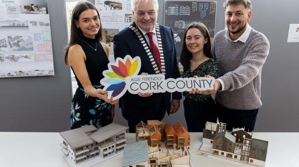 The Mayor of the County of Cork, Cllr Frank O'Flynn, and winners, Amy Cotter, 1st, Kamil Labuda, 2nd, and Ellie O'Connell, 3rd, at Cork County Hall for the award ceremony of the Cork County Age Friendly Architecture Competition.