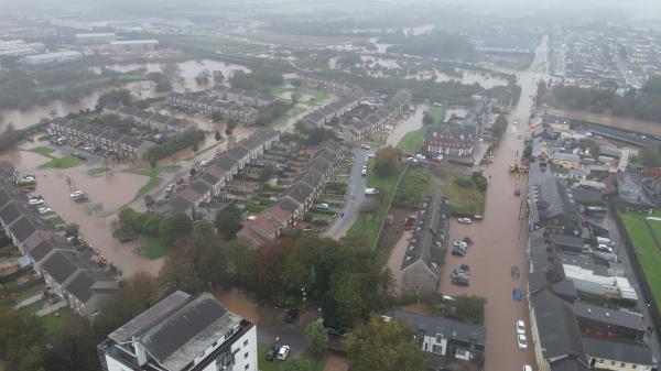 An aerial shot of a flooded town Centre