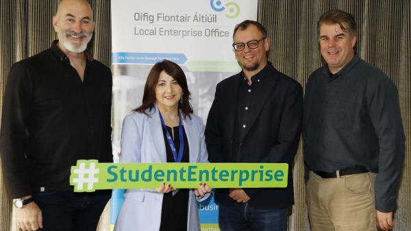        Pictured at the Schools Enterprise Programme Innovation Day at the Charleville Park Hotel were Andrea Splendori (left) and Michael Keogh (right) of the Enterprise Academy with Joan Kelleher of the Local Enterprise Office Mallow and Gary Lowe, Programme Co-ordinator.