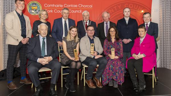 Matthew Collins, The Sibly Food Company; Cllr. Deirdre O'Brien; Gerry Kelleher, NMK Renewables; Cllr. Frank O'Flynn, Mayor of the County of Cork; Cllr. Liam Madden; Cllr. Gearoid Murphy and Keviin Morey, Divisional Manager, Cork North; Front, from left: Michael Horgan, Horgan's Delicatessen Supplies; Enrika Moore, Viska Systems, Best Small Business Award; Martin Hanley, CPH,  Best Medium Business award; Dr. Angie Nagle, Best Start-up BusiBusiness award and Maura Horgan, Horgan's DelicatDelicatessen Supplies