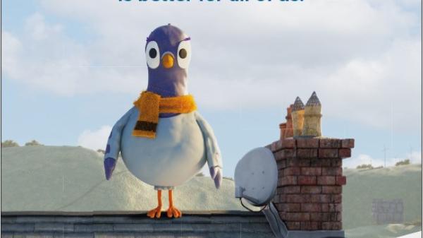 Let's Clear the Air poster. A pidgeon standing on a roof. Text: Choosing low smoke fuel is better for all of us. Burning smoky fuels releases invisible toxins that damage our health. It increases air pollution, which can trigger asthma and lead to serious illness. So make sure you only use low smoke fuels. And remember to clean and maintain chimneys and heating appliances at least once a year. Find out more at gov.ie/CleanAir