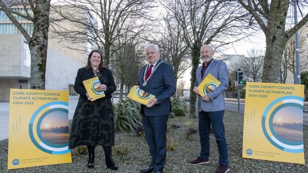 Loraine Lynch, Divisional Manager, Cork County Council; Cllr. Frank O'Flynn, Mayor of the County of Cork and Louis Duffy, Director of Services for Environment, Cork County Council attending the launch of the Cork County Council Climate Action Plan 2024-2029.