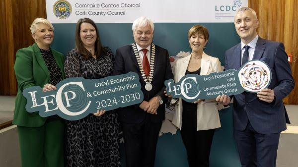 Patricia Liddy, Director of Services Municipal Districts, Loraine Lynch, Divisional Manager West, Cork County Council, Mayor of the County of Cork, Cllr Frank O’Flynn, Sharon Corcoran, Director of Economic Development, Enterprise and Tourism and Padraig Barrett, Director of Services Planning at the Official Launch of the Cork County Local Economic and Community Plan 2024-2030.