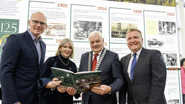 Deputy Simon Coveney TD; Valerie O'Sullivan, Chief Executive, Cork County Council; Cllr. Frank O'Flynn, Mayor of the County of Cork and Michael McGrath, Minister for Finance at the Cork County COuncil 125th Anniversary commemorative event.
