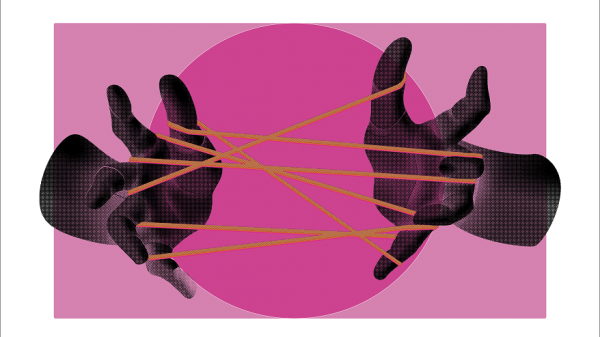 An artisitic 3D image showing 2 black hands intertwined with orange string on a pink background.