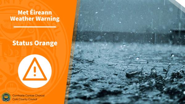A status orange rain warning has been issued for Cork