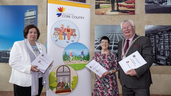 Moira Murrell, Chief Executive Cork County Council; Liz Downes, Chair of the Older Peoples Council and Cllr Joe Carroll, Mayor of the County of Cork launching the Age Friendly strategy 2024 - 2028.