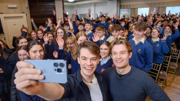 International rowing champions Fintan McCarthy and Jake McCarthy taking a selfie with students at the “Igniting Entrepreneurship” event, hosted by the Local Enterprise Office Cork North and West. 