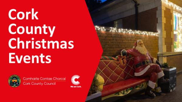Banner showcasing "Cork County Christmas Events" with Santa on a bench.
