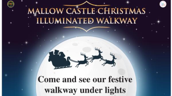 Poster for Mallow Castle Christmas Illuminated Walkway with Santa silhouette on the moon and snow-covered trees.