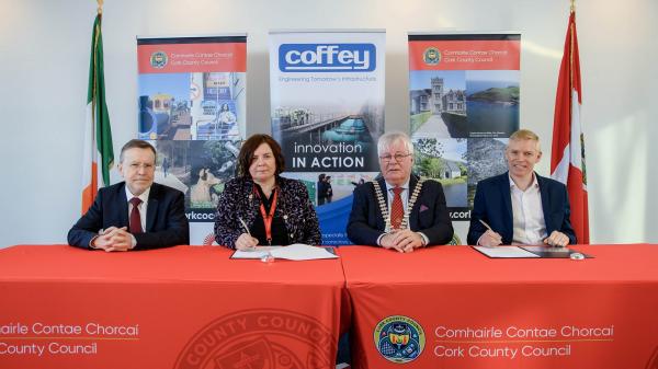 Kevin Morey, Divisional Manager, Cork County Council; Moira Morrell, Chief Executive of Cork County Council;  Mayor of the County of Cork, Cllr. Joe Carroll; Odran Madden, Managing Director, Coffey Construction Ltd signing the contract for the construction phase of the Ringaskiddy Active Travel and Urban Realm scheme.