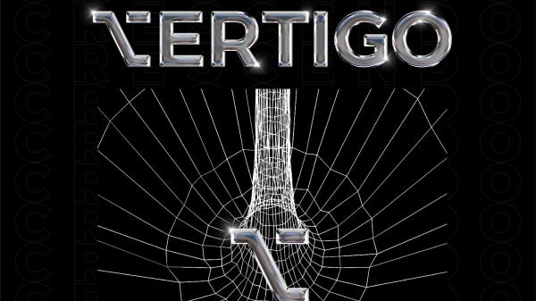 Poster with "VERTIGO" in metallic letters, a 3D wireframe, and event details for a February 2025 event at Cork County Hall.