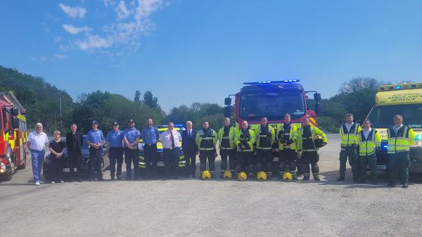 Members of Cork County Fire Service, The National Ambulance Service, An Garda Síochána and road safety advocates at a road safety promotion event at Cork Racecourse, Mallow.