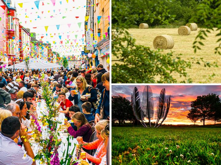 A collage of images people dining in a street, a field with round hay bails and a outside sculpture 