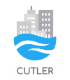 Logo featuring a city skyline above blue waves, with "CUTLER" written below.