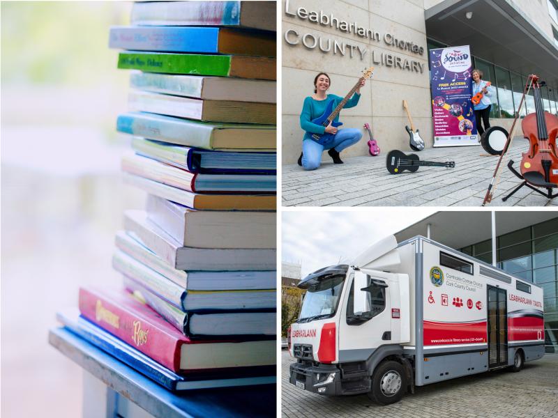 A collage of images, one with books another with a mobile library vehicle and another with to ladies promoting the musical instrument at a library building.