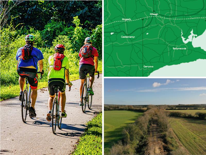 A Collage including a group of people riding bikes on a dirt road a map and a field and blue sky