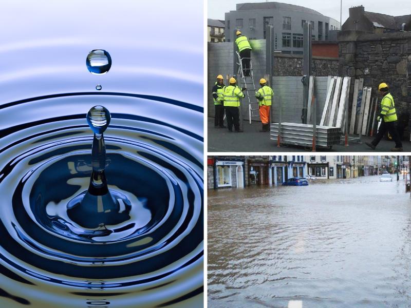 three image collage containing a a drop hitting the surface of water, people erecting flood defences and a flooded town