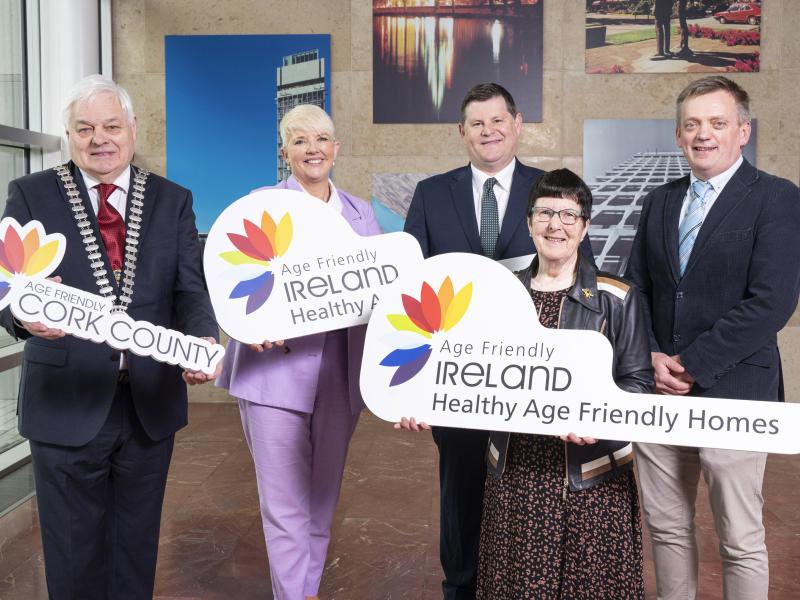 Mayor of the County of Cork, Cllr. Frank O’Flynn, Cork County Council, Patricia Liddy, Director of Service, MD operations and Development, Cork County Council, Micheal Lynch, Divisional Manager south Cork, Cork County Council  ,  Liz Downes, Chair of the Cork County Older Persons Council  and Anthony Holmes, Regional Programme Manager, Healthy Age Friendly Homes Programme, Cork County Council is proud to support the Re-launch of the Healthy Age Friendly Homes Programme, 