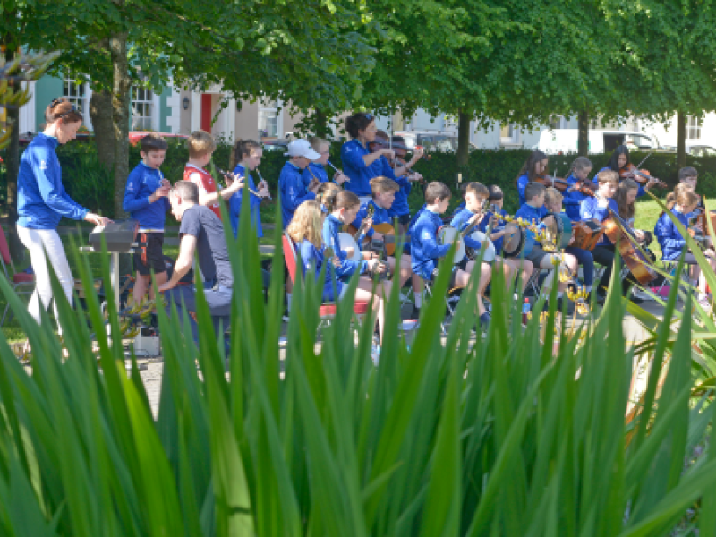 An outdoor musical performance with musicians in blue jackets playing in a park, seen through tall green plants.