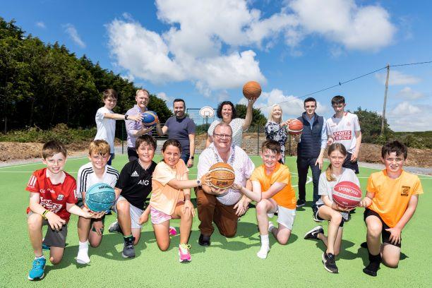 Launch of Crosshaven Multi Use Games Area with Mayor of the County of Cork, Cllr. Danny Collins, local basketball team and member of Cork County Council