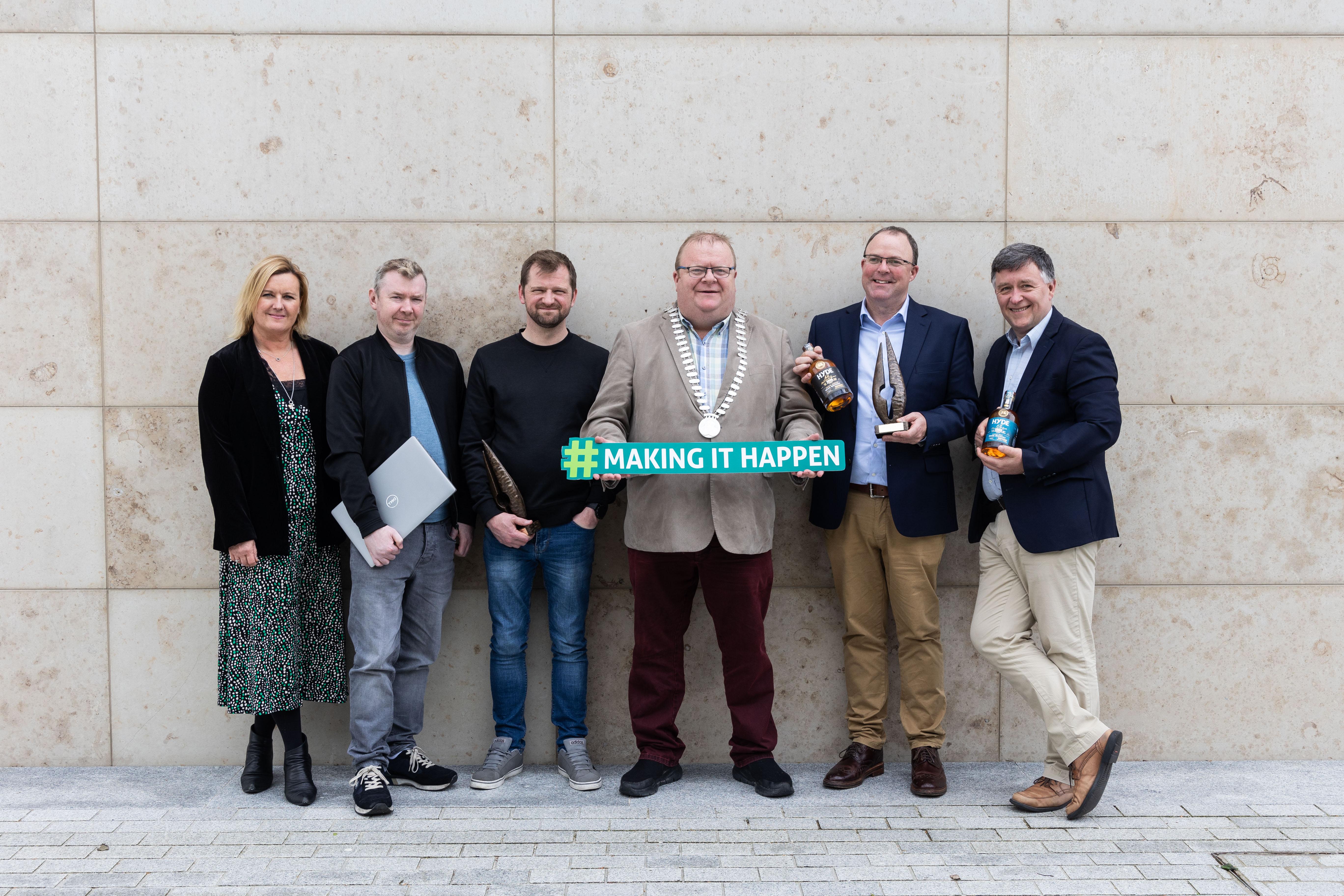 Deirdre O'Mahony, Acting Head of Enterprise, LEO Cork North and West, Keith Killilea and Graham Clarke, BaseWorx, Cllr. Danny Collins, Mayor Cork County, Conor Hyde, Hyde Whiskey and Sean O'Sullivan, Head of Enterprise, LEO Cork South at County Hall, Cork. BaseWorx and Hyde Whiskey are to Represent Cork County at National Enterprise Awards.