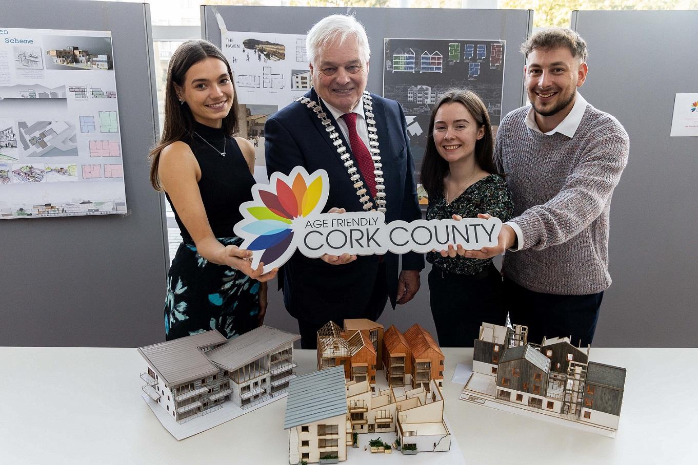 The Mayor of the County of Cork, Cllr Frank O'Flynn, and winners, Amy Cotter, 1st, Kamil Labuda, 2nd, and Ellie O'Connell, 3rd, at Cork County Hall for the award ceremony of the Cork County Age Friendly Architecture Competition.