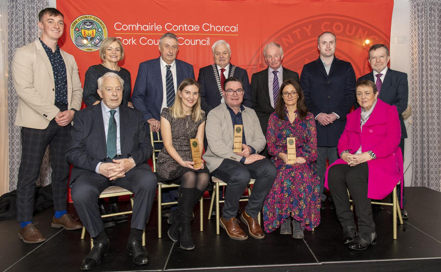 Matthew Collins, The Sibly Food Company; Cllr. Deirdre O'Brien; Gerry Kelleher, NMK Renewables; Cllr. Frank O'Flynn, Mayor of the County of Cork; Cllr. Liam Madden; Cllr. Gearoid Murphy and Keviin Morey, Divisional Manager, Cork North; Front, from left: Michael Horgan, Horgan's Delicatessen Supplies; Enrika Moore, Viska Systems, Best Small Business Award; Martin Hanley, CPH, Best Medium Business award; Dr. Angie Nagle, Best Start-up BusiBusiness award and Maura Horgan, Horgan's DelicatDelicatessen Supplies
