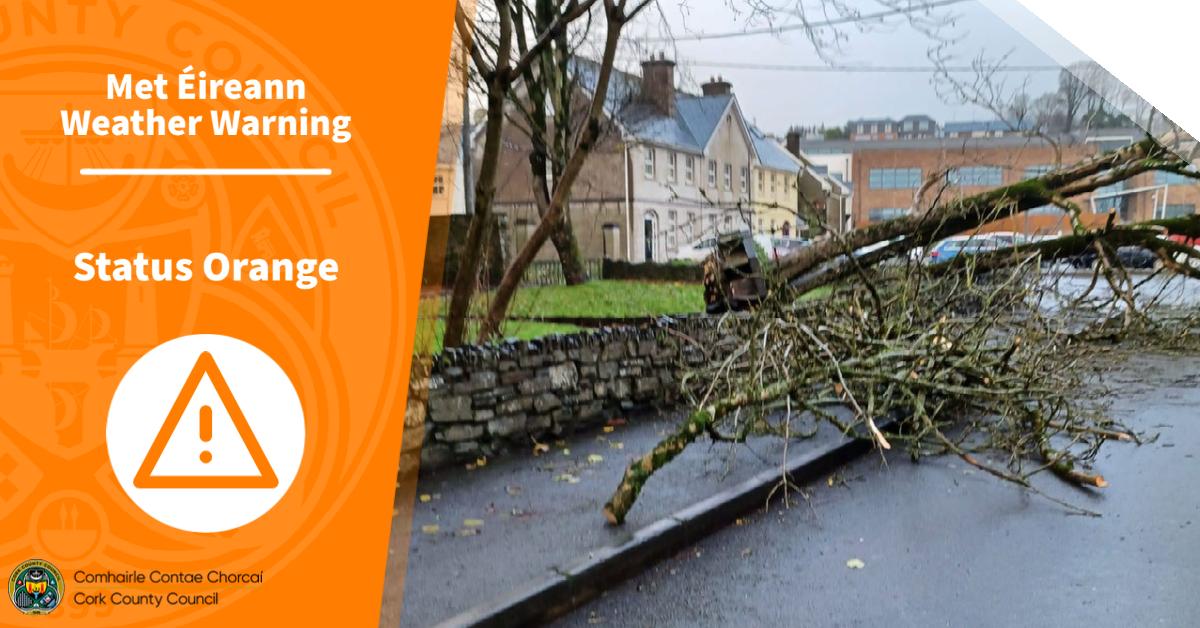 Orange weather warning image of a fallen tree