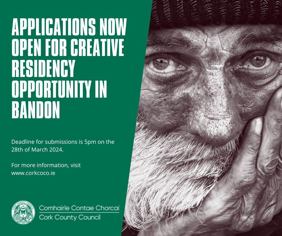 Applications Now Open for Creative Residency Opportunity in Bandon, Deadline for submissions is 5pm on the 28th of March 2024. For more information, visit www.corkcoco.ie. 