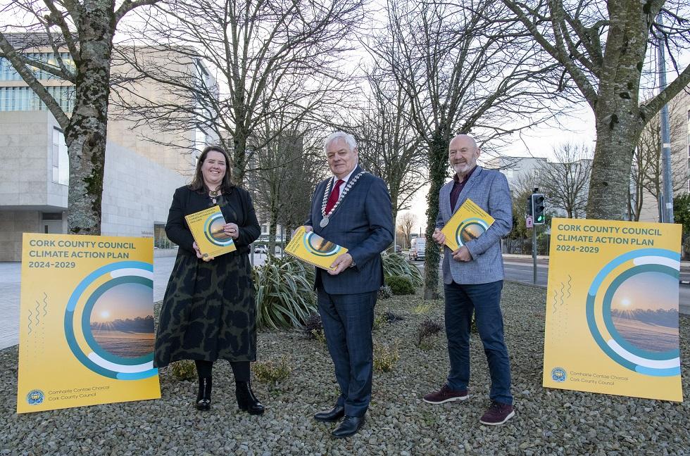 Loraine Lynch, Divisional Manager, Cork County Council; Cllr. Frank O'Flynn, Mayor of the County of Cork and Louis Duffy, Director of Services for Environment, Cork County Council attending the launch of the Cork County Council Climate Action Plan 2024-2029.