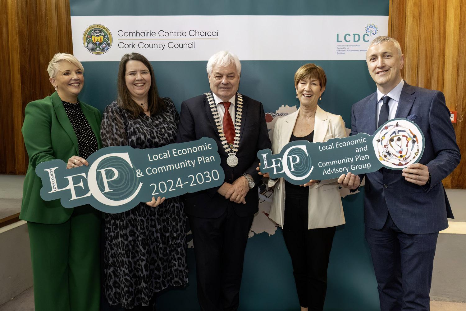 Patricia Liddy, Director of Services Municipal Districts, Loraine Lynch, Divisional Manager West, Cork County Council, Mayor of the County of Cork, Cllr Frank O’Flynn, Sharon Corcoran, Director of Economic Development, Enterprise and Tourism and Padraig Barrett, Director of Services Planning at the Official Launch of the Cork County Local Economic and Community Plan 2024-2030.