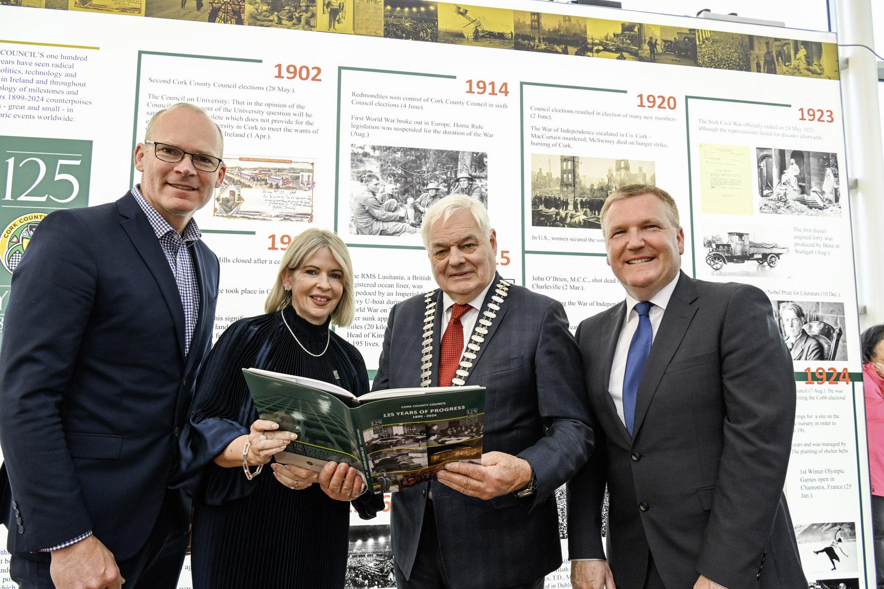 Deputy Simon Coveney TD; Valerie O'Sullivan, Chief Executive, Cork County Council; Cllr. Frank O'Flynn, Mayor of the County of Cork and Michael McGrath, Minister for Finance at the Cork County COuncil 125th Anniversary commemorative event.