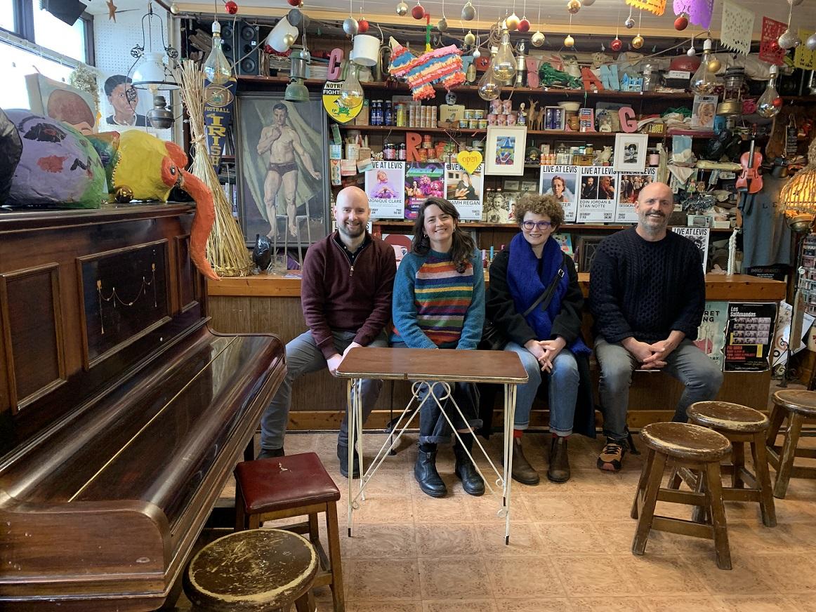 Barry O'Kane (Duncairn), Caroline O'Leary (Levis), Emma Dwyer (CorkCoCouncil & Joe O'Leary (Levis) sitting in Levis pub.