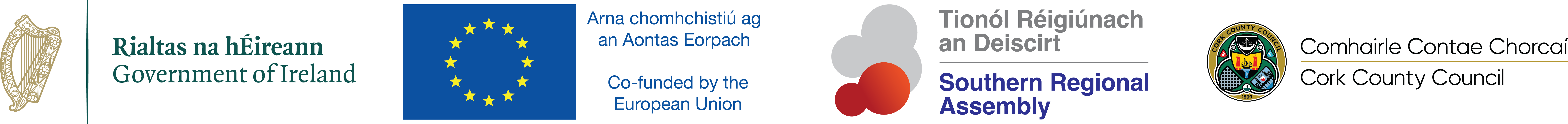 Logos of the Government of Ireland, European Union, Southern Regional Assembly, and Cork County Council.