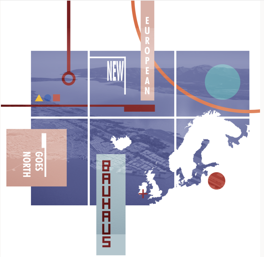 Abstract collage with geometric shapes and text featuring "NEW EUROPEAN BAUHAUS GOES NORTH" and a map of Europe.