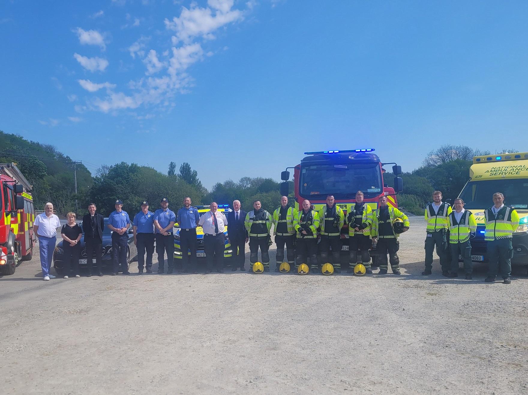 Members of Cork County Fire Service, The National Ambulance Service, An Garda Síochána and road safety advocates at a road safety promotion event at Cork Racecourse, Mallow.